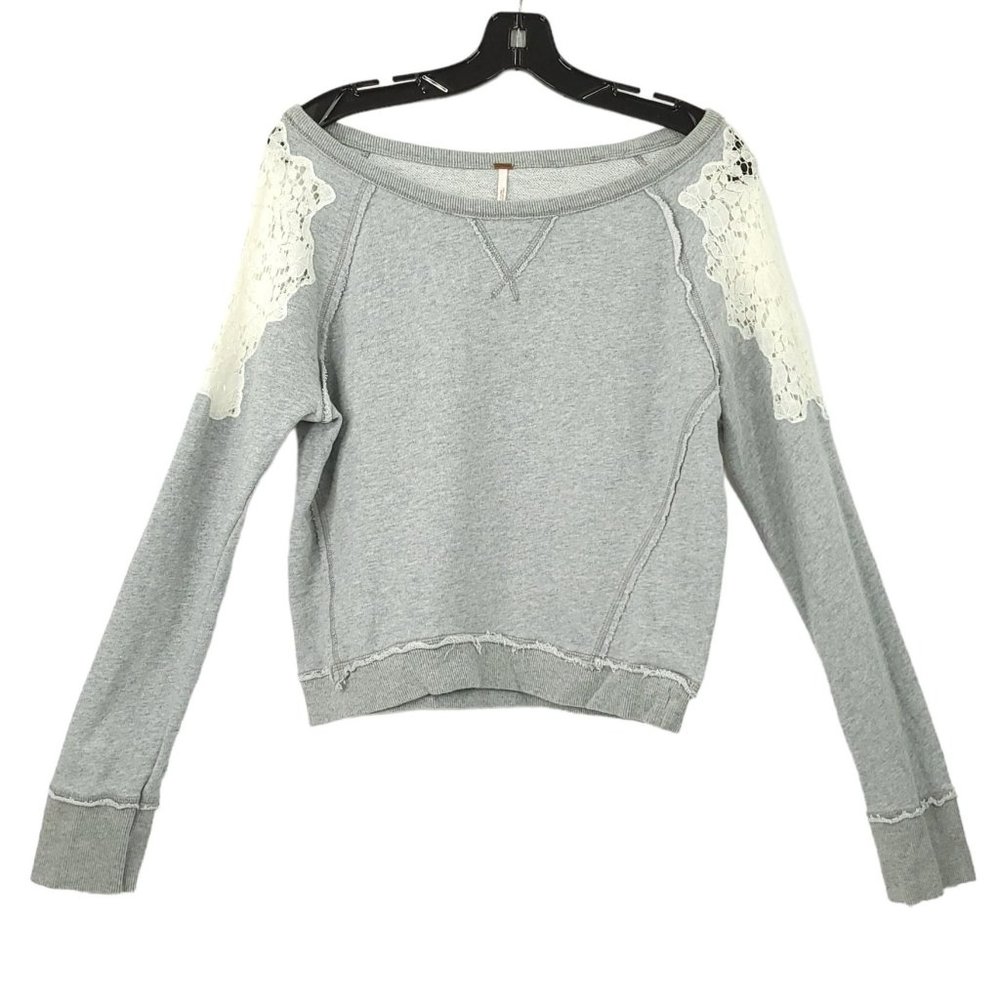 Free People Boatneck Sweatshirt Top Womens Size S Lace Applique Gray Cotton